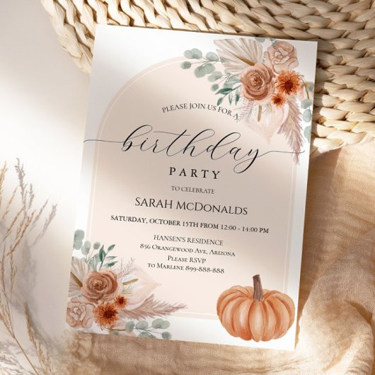 Fall Autumn Boho Woman Birthday Party Invitation 招待状