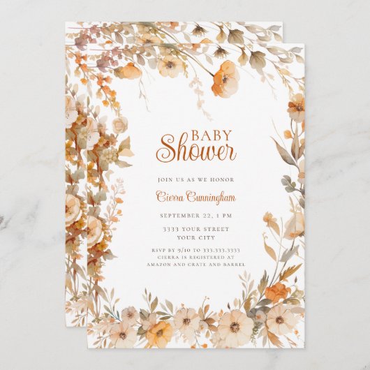 Fall Autumn Floral Baby Shower 招待状 (正面/裏面)