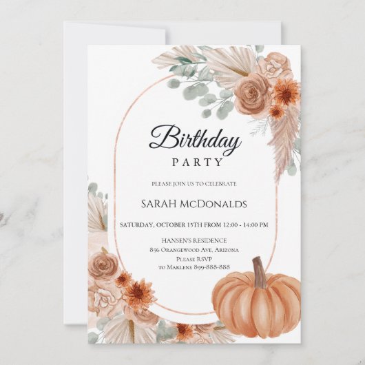 Fall Autumn Floral Boho Woman Birthday Invitation 招待状 (正面)