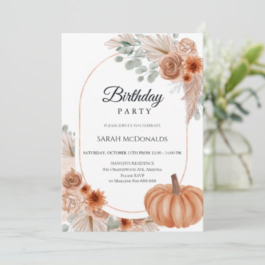 Fall Autumn Floral Boho Woman Birthday Invitation 招待状 (スタンド正面)