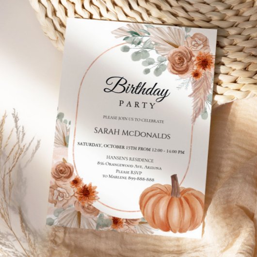 Fall Autumn Floral Boho Woman Birthday Invitation 招待状