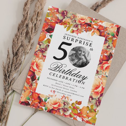 Fall Autumn Floral Photo SURPRISE 50th Birthday  招待状