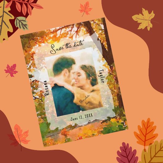 Fall Autumn Leaves Wedding Photo Save the Date  ポストカード