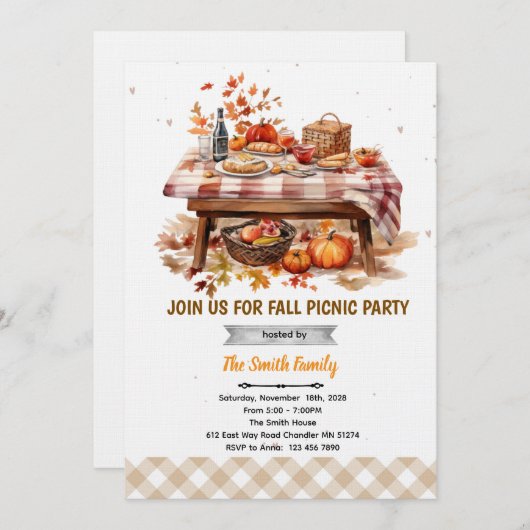Fall autumn picnic party invitation 招待状 (正面/裏面)