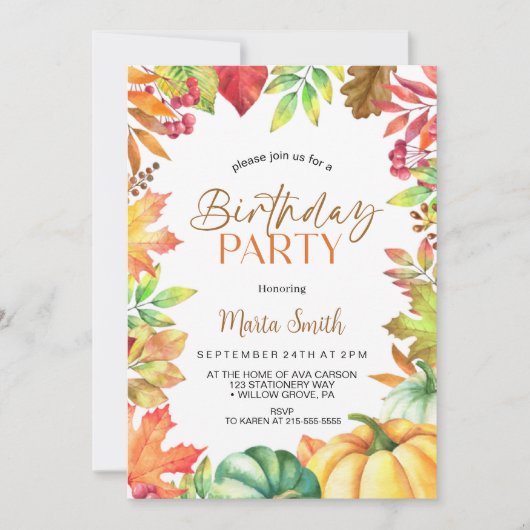 Fall Autumn pumpkin Birthday Party 招待状 (正面)