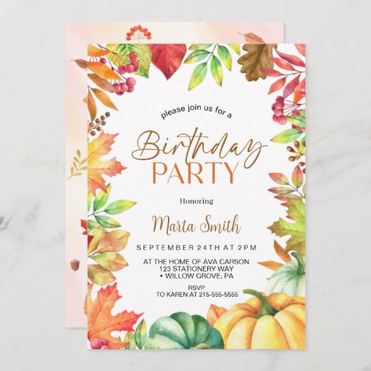 Fall Autumn pumpkin Birthday Party 招待状 (正面/裏面)