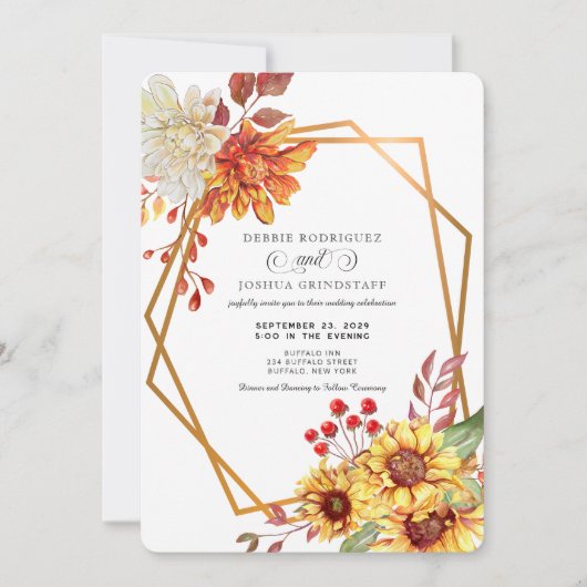 Fall Autumn Sunflower Wedding Invitation  招待状 (正面)