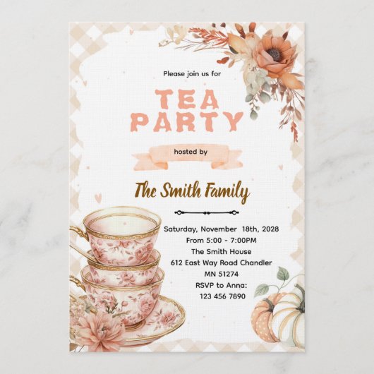 Fall autumn thanksgiving tea party invitation  招待状 (正面)