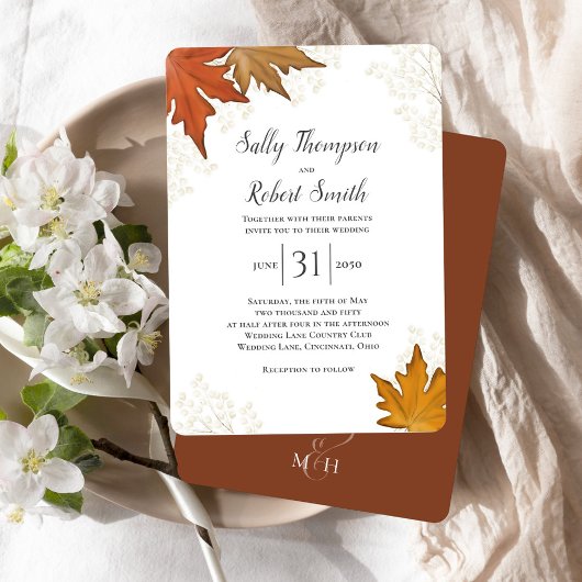 Fall Autumn Watercolor Leaves Wedding Custom 招待状