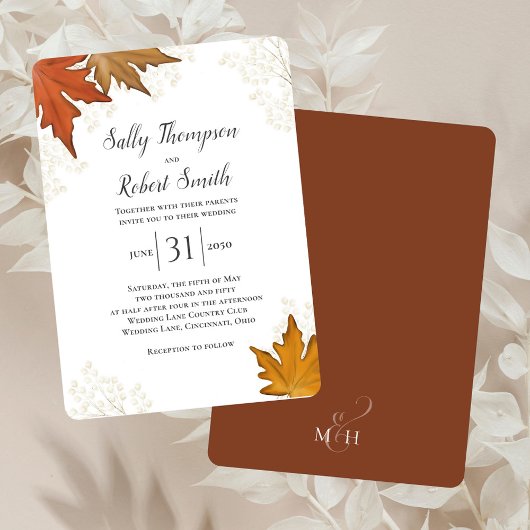 Fall Autumn Watercolor Leaves Wedding Custom 招待状
