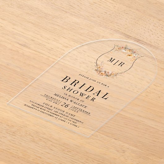 Fall Autumn Wildflower Crest Bridal Shower アクリル招待状 (レイダウン)