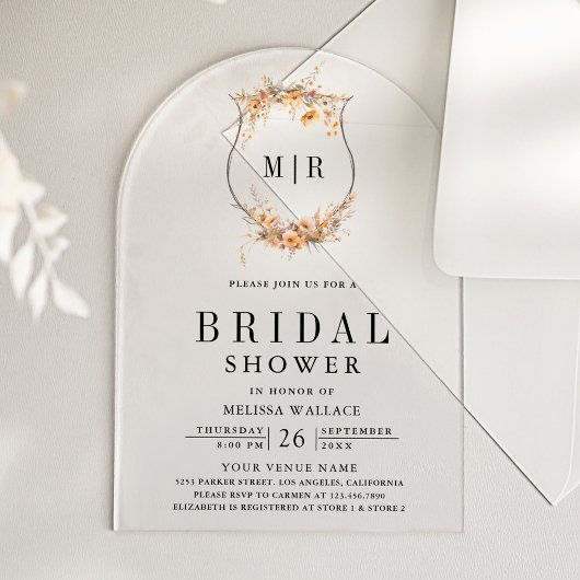 Fall Autumn Wildflower Crest Bridal Shower アクリル招待状