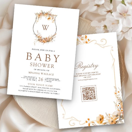 Fall Autumn Wildflower Crest QR Code Baby Shower 招待状