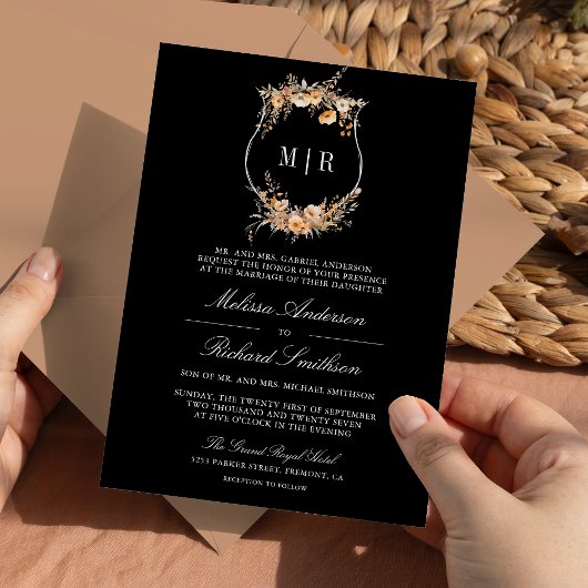 Fall Autumn Wildflower Crest QR Code Black Wedding 招待状