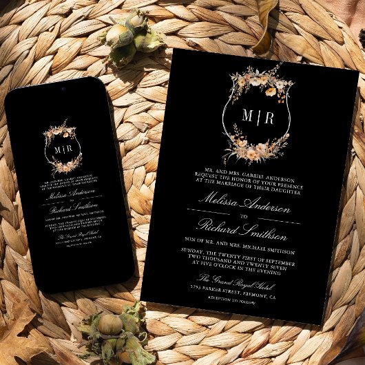 Fall Autumn Wildflower Crest QR Code Black Wedding 招待状
