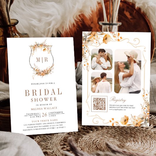 Fall Autumn Wildflower Crest QR Code Bridal Shower 招待状