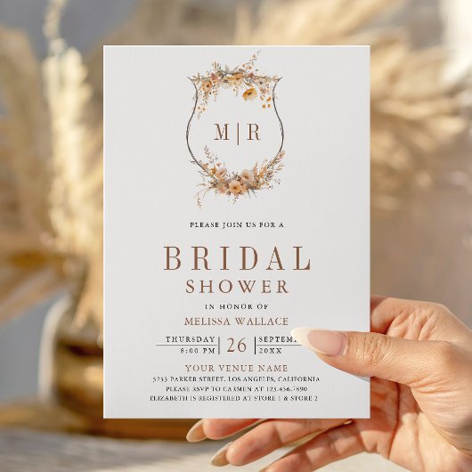 Fall Autumn Wildflower Crest QR Code Bridal Shower 招待状