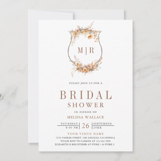 Fall Autumn Wildflower Crest QR Code Bridal Shower 招待状 (正面)