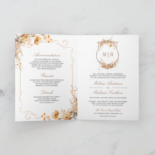 Fall Autumn Wildflower Crest QR Code Wedding 招待状 (内部)