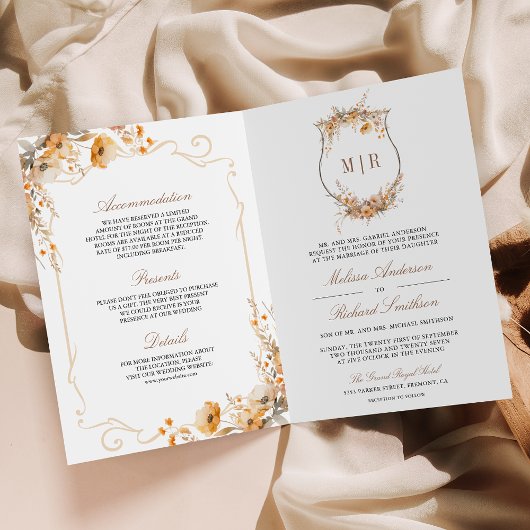 Fall Autumn Wildflower Crest QR Code Wedding 招待状