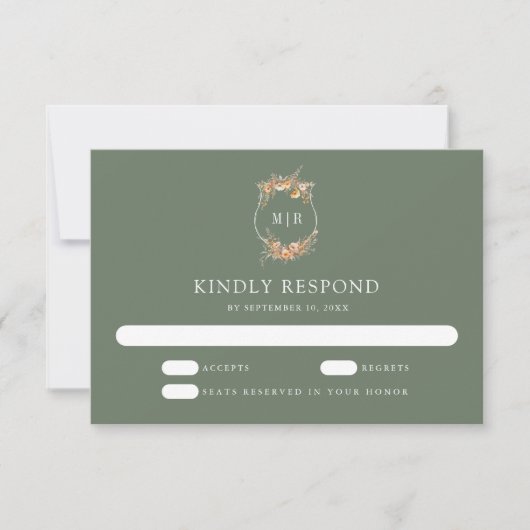 Fall Autumn Wildflower Crest Sage Green Wedding 出欠カード (正面)