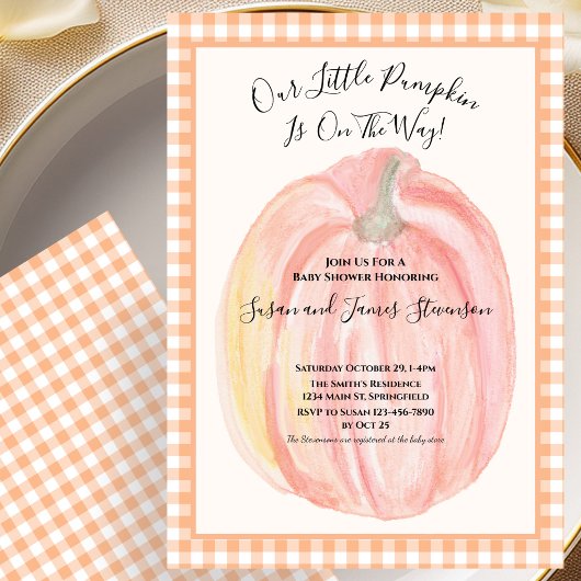 Fall Baby Shower Invitation Little Pumpkin Gingham 招待状
