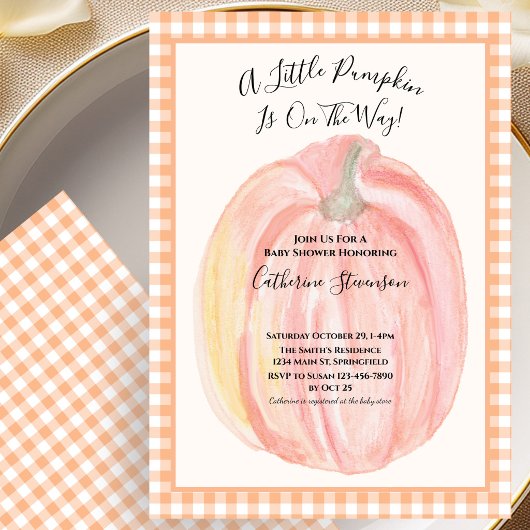 Fall Baby Shower Invitation Little Pumpkin Gingham 招待状