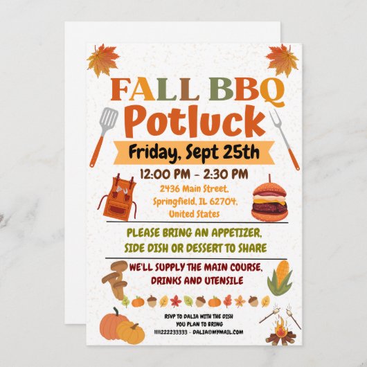 Fall BBQ Potluck Invitation Card 招待状 (正面/裏面)