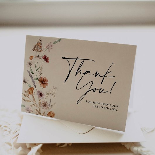 Fall Beige Floral Baby Shower Thank You Card サンキューカード