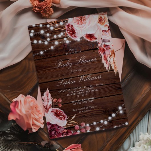 Fall Bohemian Rose Rustic Wood Baby Shower 招待状