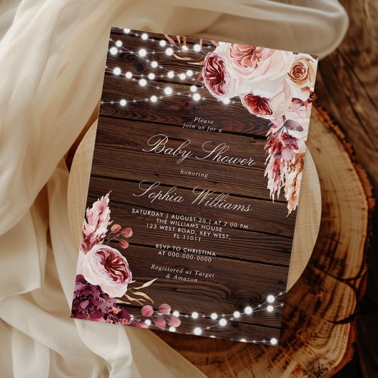 Fall Bohemian Rose Rustic Wood Baby Shower 招待状