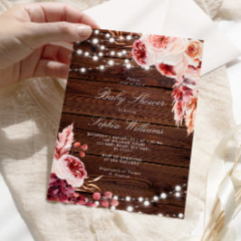 Fall Bohemian Rose Rustic Wood Baby Shower 招待状