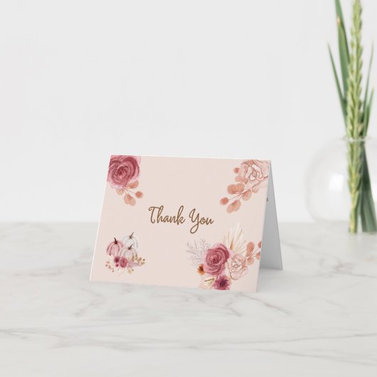 Fall Boho Pink Pumpkin Baby Shower  サンキューカード (正面)