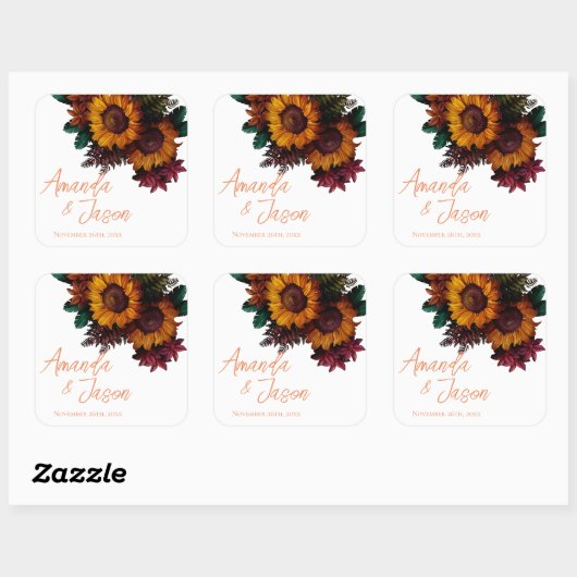 Fall Boho Rustic Burnt Orange Floral Wedding スクエアシール (シート)