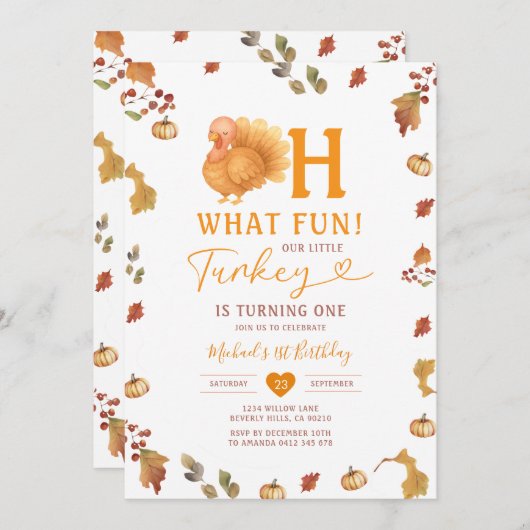 Fall Bow Oh what Fun! Turkey 1st Birthday Leaves 招待状 (正面/裏面)