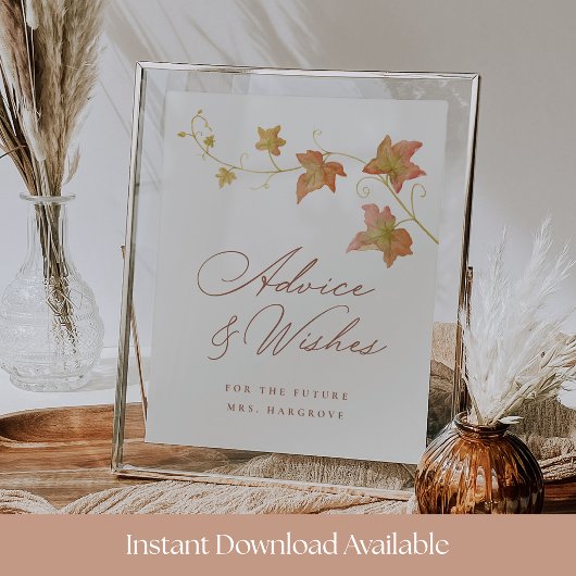 Fall Bridal Shower Advice & Wishes Printable Sign ポスター