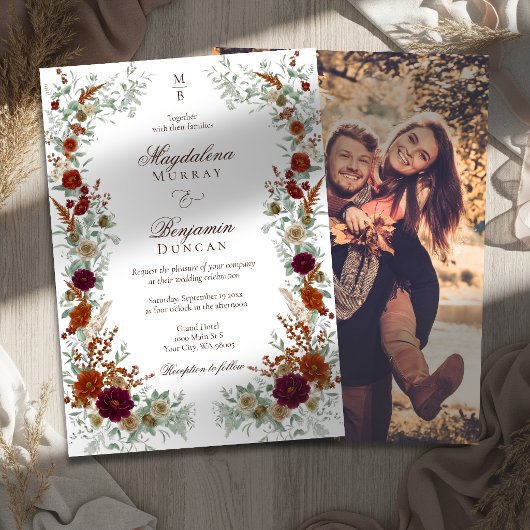 Fall Burgundy Burnt Orange Florals Photo Wedding  招待状