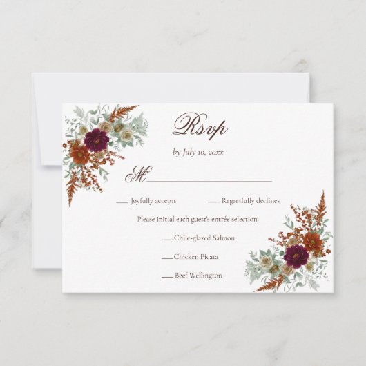 Fall Burgundy & Burnt Orange Rust Florals Wedding 出欠カード (正面)