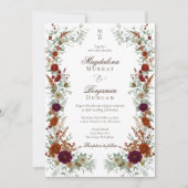 Fall Burgundy & Burnt Orange Rust Florals Wedding 招待状 (正面)