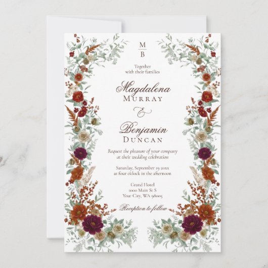Fall Burgundy & Burnt Orange Rust Florals Wedding 招待状 (正面)