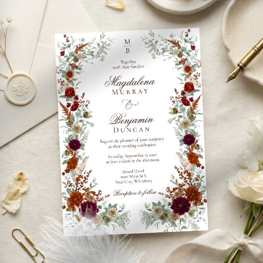 Fall Burgundy & Burnt Orange Rust Florals Wedding 招待状