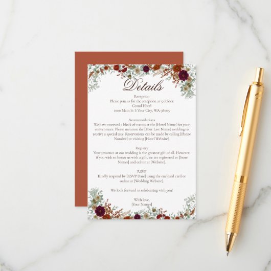 Fall Burgundy & Burnt Orange Sage Florals Wedding エンクロージャーカード (正面/裏面インサイチュ)