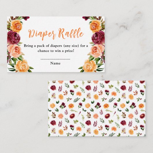 Fall Burgundy Orange Floral Baby Diaper Raffle エンクロージャーカード (正面/裏面)