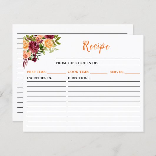 Fall Burgundy Orange Floral Recipe Card (正面/裏面)