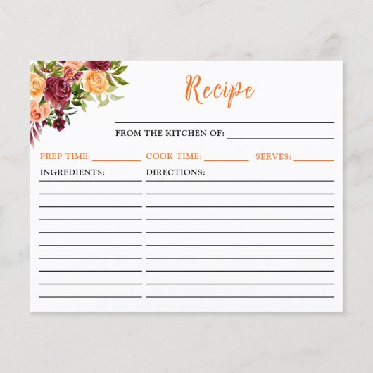 Fall Burgundy Orange Floral Recipe Card (正面)