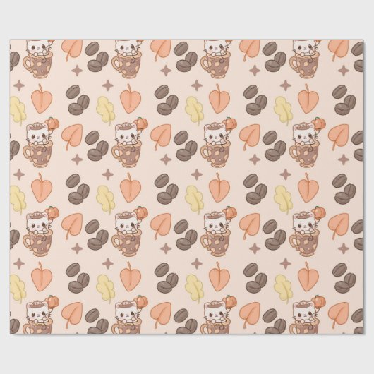 Fall Cat Mug Kawaii Coffee Bean Pattern ラッピングペーパー (フラット)