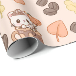 Fall Cat Mug Kawaii Coffee Bean Pattern ラッピングペーパー