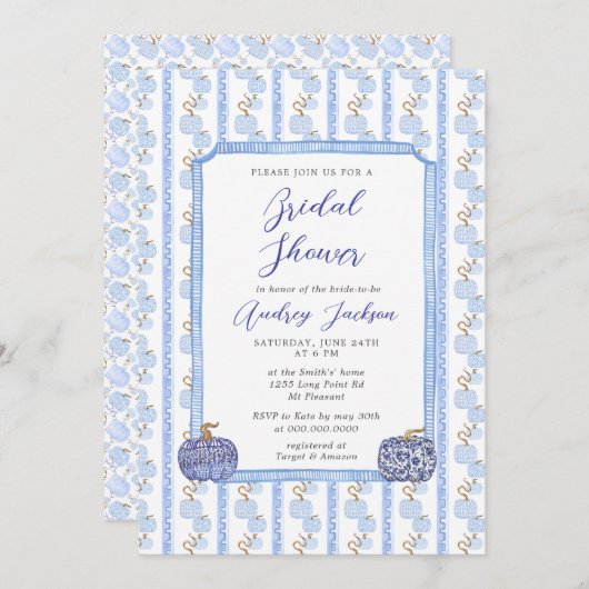 Fall Chinoiserie Blue Pumpkin Bridal Shower 招待状 (正面/裏面)