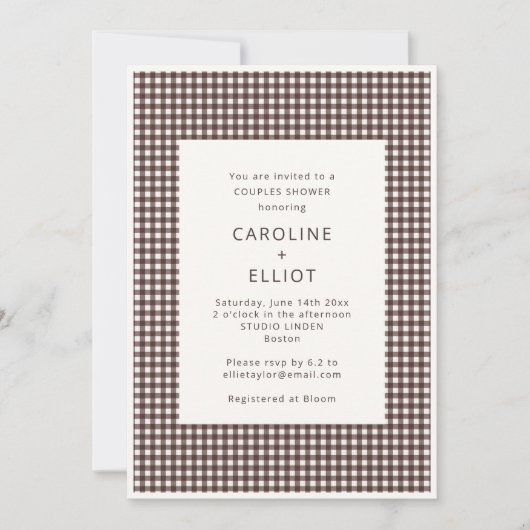 Fall Chocolate Brown Gingham Plaid Couples Shower 招待状 (正面)