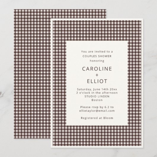Fall Chocolate Brown Gingham Plaid Couples Shower 招待状 (正面/裏面)